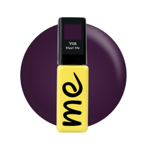 ME Gel Polish Meet Me #V08, 8 ml.A yellow gel polish bottle with a black top, labeled "V08 Meet Me" on the cap's display, featuring a large stylized "me" on its side, set against a circular purple backdrop.
