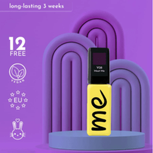 A promotional image for long-lasting gel nail polish, highlighting it as "12 Free" and vegan, with a 3-week durability claim. The product, in a bright yellow bottle with "V08 Meet Me" on the black cap, is centrally displayed on a lilac stand with matching arches in the background. Icons on the left indicate the polish is EU compliant and cruelty-free.