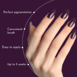 An advertisement featuring a hand with dark polished nails, highlighting the benefits of the nail polish: perfect pigmentation, convenient brush, easy application, durability up to 3 weeks, and soak-off capability, set against a purple background with the text "WHY me?" above.